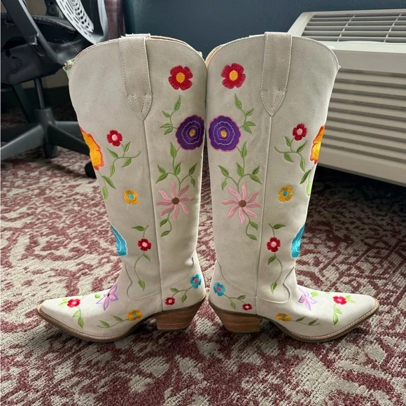 Viral Dan Post Ladies Flower Power White Suede Tall Western Boots DI277-WH Sz9 - Picture 11 of 12